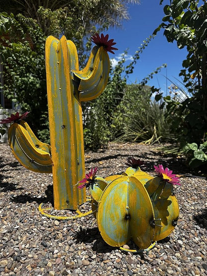 Colorful Metal Saguaro Cactus with Flowers - Handmade Garden Decor (Yellow)