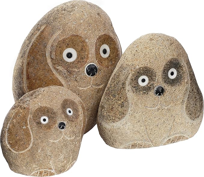Boulder Dog Family – Set of 3 Hand-Carved Granite Garden Statues – Natural Stone Animal Décor – 4", 6", and 8", Eco-Friendly Outdoor Gift