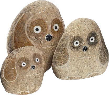 Boulder Dog Family – Set of 3 Hand-Carved Granite Garden Statues – Natural Stone Animal Décor – 4", 6", and 8", Eco-Friendly Outdoor Gift