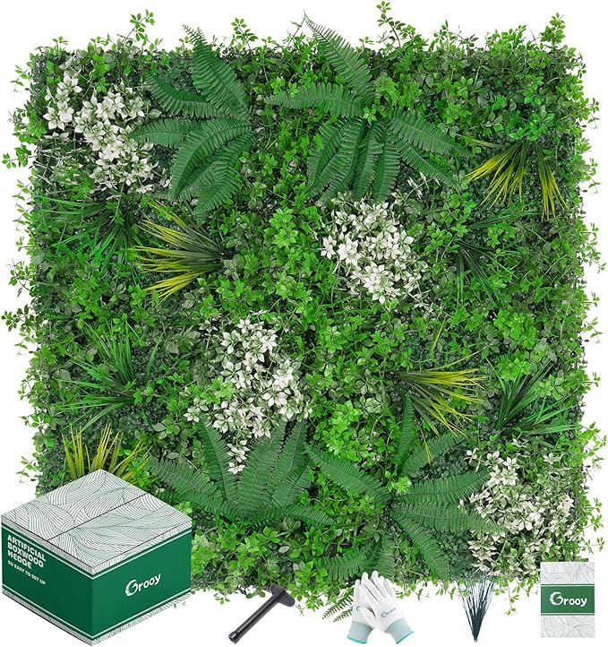 Grooy 20"X20" Artificial Grass Wall, 8PCS Boxwood Panels UV-Protected Faux Grass Backdrop Wall,Greenery Privacy Hedge Screen for Outdoor Garden Patio, Indoor Party Balcony Fence Decor