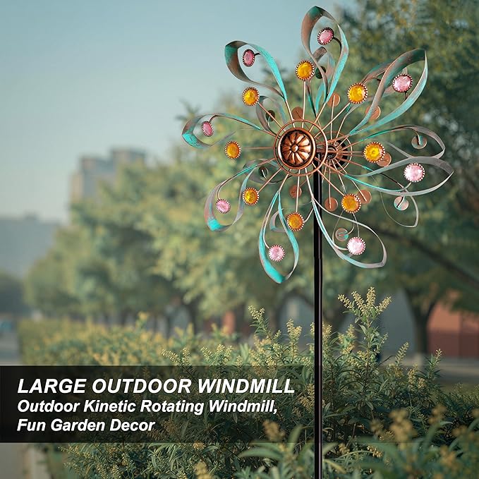360° Outdoor Wind Spinner, Wind Sculpture Spinner with Metal Stake, Yard Art Decor for Patio, Lawn & Garden (Ribbon Style)
