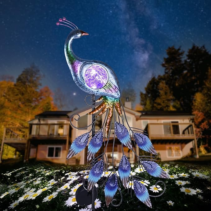TERESA'S Collections Yard Decorations Outdoor for Garden Decor, Peacock Solar Outdoor Lights, 35.4'' Metal Lawn Ornaments for Outside with Crackle Glass Ball, Decorative Stake Gifts for Mom