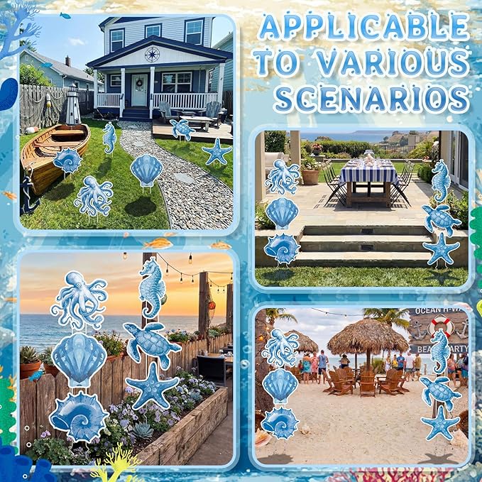 RattanView 6 Pack Outdoor Ocean Front Porch Decor Blue Coastal Yard Signs with Stakes Lawn Sign Flower Pot for Garden Patio Beach Summer Party Decorations
