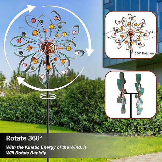 360° Outdoor Wind Spinner, Wind Sculpture Spinner with Metal Stake, Yard Art Decor for Patio, Lawn & Garden (Ribbon Style)