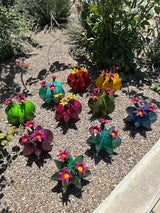 Handmade Metal Bisnaga Cactus with Flowers - Garden Art Decor (Pink)