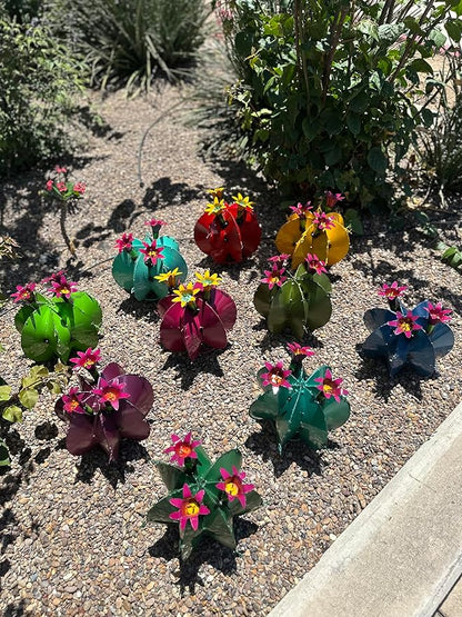 Handmade Metal Bisnaga Cactus with Flowers - Garden Art Decor (Emerald)