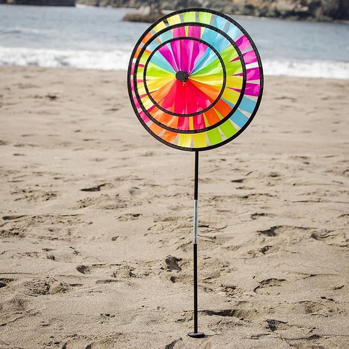 In the Breeze 2614 — Fiesta Triple Wheel Spinner — Colorful, Mesmerizing Wind Spinner for Yards and Gardens