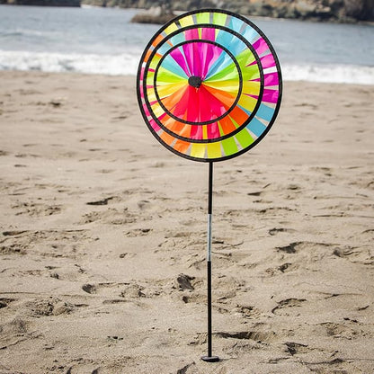 In the Breeze 2614 — Fiesta Triple Wheel Spinner — Colorful, Mesmerizing Wind Spinner for Yards and Gardens