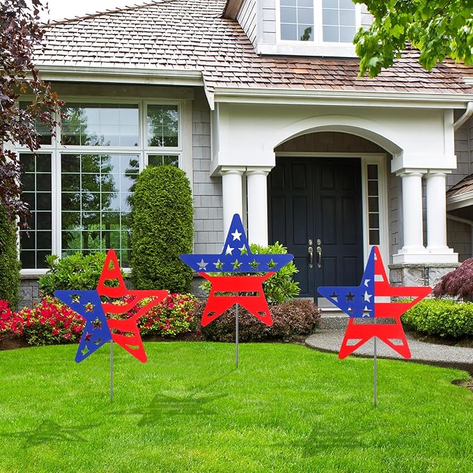 3 Pcs 4th of July Yard Signs Metal Patriotic Star Garden Stakes Red White Blue Lawn Decorations Outdoor American Patriotic Star Yard Decoration with Stake for Independence Memorial Day Lawn Decor