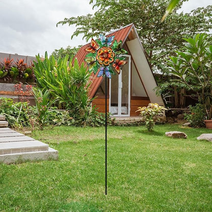 Generic Windmill Iron Art Statue Garden Yard Decoration Modern Outdoor Wind Sculptures with Garden Stake for Patio Backyard Lawn, Butterfly