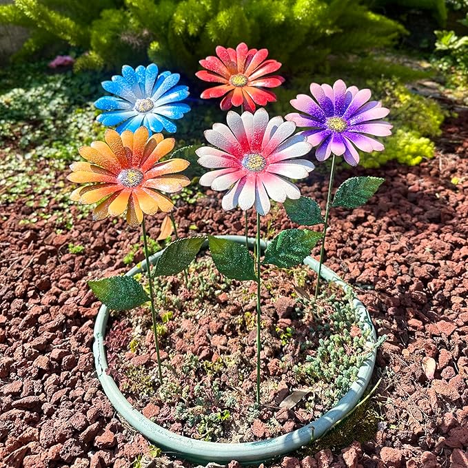 5Pack Metal Flowers for Outside，16.5 Inch Metal Flowers Decorative Garden Stakes for Spring Decor, Shaking Head Yard Art Garden Decorations for Outdoor Lawn Porch Pathway