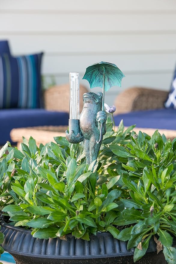 Evergreen Garden Metal Frog Statue with Umbrella Glass Rain Gauge Weather Station | Green | Garden Decor Outdoor | 18 Inches Tall | 5" Rain Capacity Easy to Read
