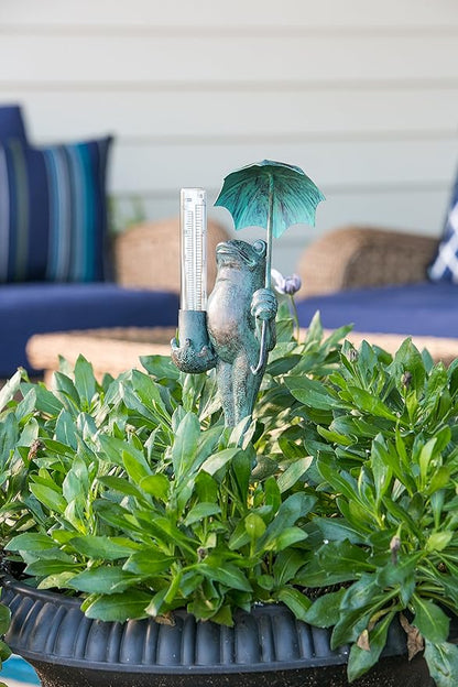 Evergreen Garden Metal Frog Statue with Umbrella Glass Rain Gauge Weather Station | Green | Garden Decor Outdoor | 18 Inches Tall | 5" Rain Capacity Easy to Read