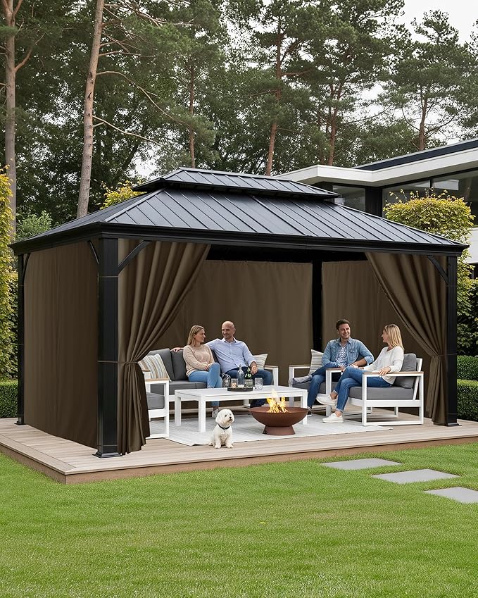 Gazebo Curtains Outdoor Waterproof - 10'Wx12'Lx7'H Gazebo Universal Replacement Privacy Curtains, 4 Panels Sidewall Drapes with Zipper for Patio Pergola Garden Backyard, Brown