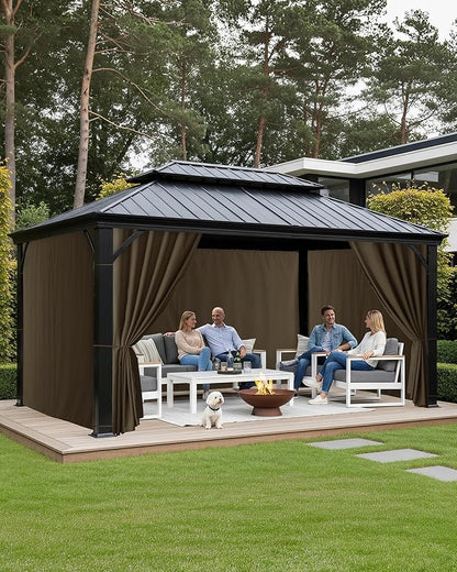 Patio Curtains Outdoor Waterproof - 12'Wx14'Lx7'H Windproof Pergola Outside Sidewall Drapes with Zipper, 4 Panels Gazebo Universal Replacement Privacy Curtains for Backyard Garden, Brown