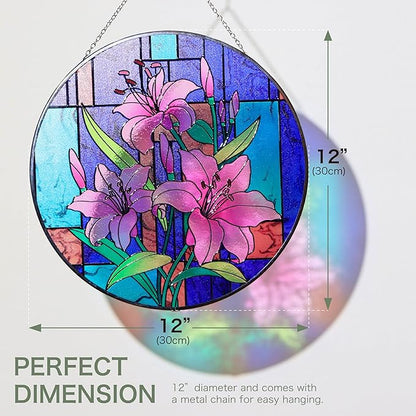 Hanway Suncatcher in Colorful Stained Glass 12" Dia - Genuine Brightly Colored Glass, Protective Metal Edge, Ready to Use Hanging Chain, for Window, Garden (Lily)