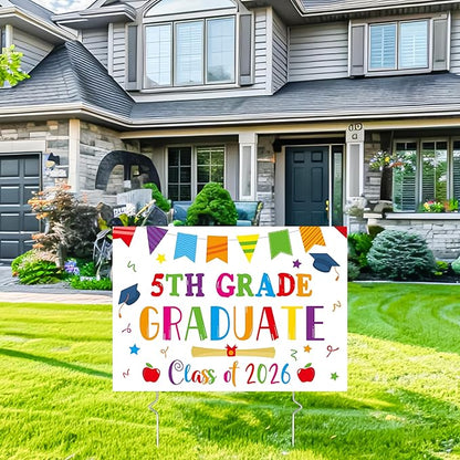 5th Grade Grad Yard Sign - White Class of 2026 Fifth Grade Graduate Lawn Sign with Stake School Congrats Graduation Decor Colorful Waterproof Graduation Party Favor for Outdoor Garden Photo Booth Prop