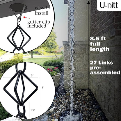 U-nitt Rain Chain Water Collection for Gutters Rainwater Catcher & Diverter, 8.5 FT Chains for Outside Garden, Black Diamond Link, Roof Downspout, Works with Heavy Rain, w/ Gutter Clip for Rainchains