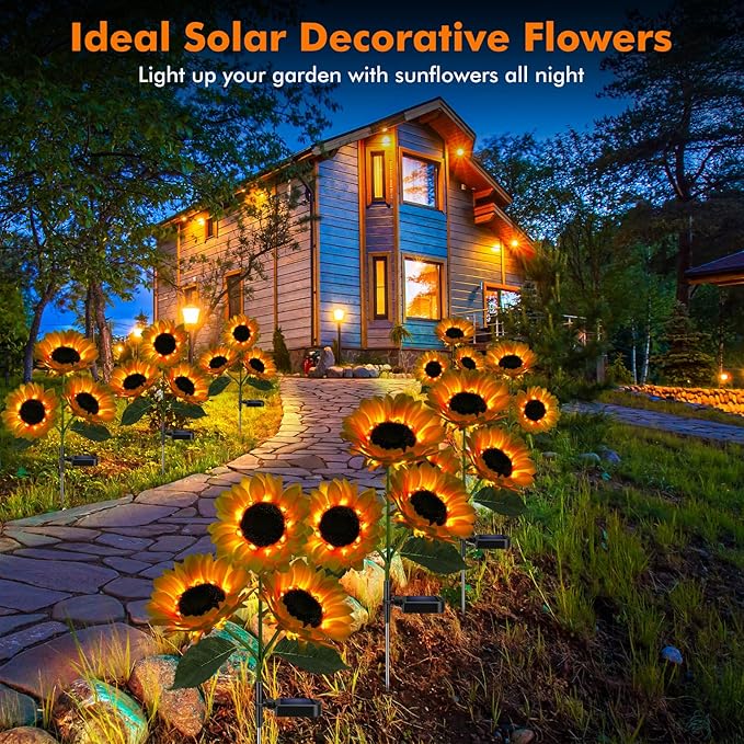 Meagoo Solar Sunflower Lights, 800mA Solar Garden Light with Real Looking Flowers Outdoor Waterproof Solar Stake Lights for Back Yard, Flower Bed, Pathway, Patio, Porch, Fall Decoration (4 Pack)