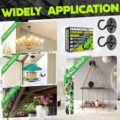 [UPGRADED] 200LBS 4Pcs Round Ceiling Hooks with Firmly Rotatable Button, Black Wall Mount Metal Hangers for Hanging Hanging Plants, Bird Feeder, Lantern, Lights, Wind Chime, Indoor Outdoor Decor