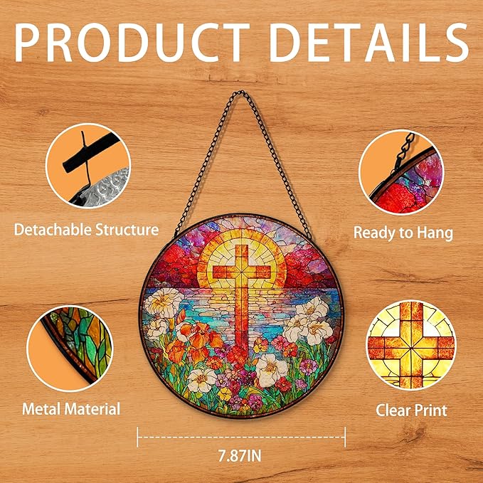 Flower Cross Suncatcher Stained Glass Window Hanging, Christian Wildflower Sunset Landscape Sun Catchers Indoor Window Glass Round Wall Decor, Religious Wall Art Hanging Decorations, ＂7.8x7.8＂