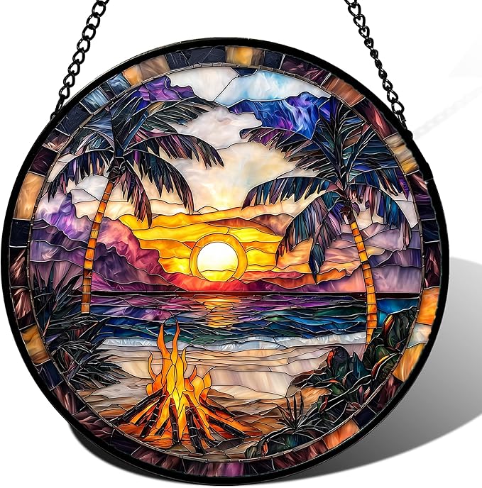 DASTOLL Stained Glass Window Hanging,Bonfire Beach Landscape Suncatcher Diamond Glass Panel Sun Catchers Decor for Birthday for Women, Men, Wife, Aunt, and Mom 14.9x14.9 in