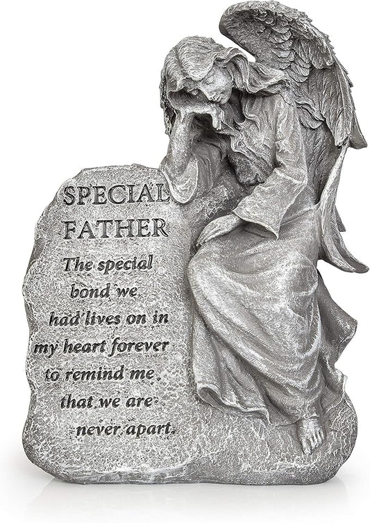 Besti Garden Memorial Stone Angel - Cold-Cast Ceramic Graveyard Remembrance Decoration - Outdoor Sculpture and Engraved Design with Special Father Quote - Sympathy Gift