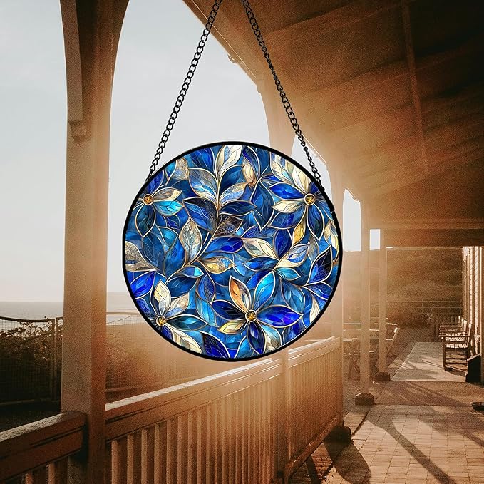 Stained Glass Window Hanging - Blue Gold Abstract Flowers Suncatcher for Door Terrace Garden Home Decor, Plant Sun Catcher Birthday Gifts for Lovers Women Men Dad Mom Nana 6.3 in
