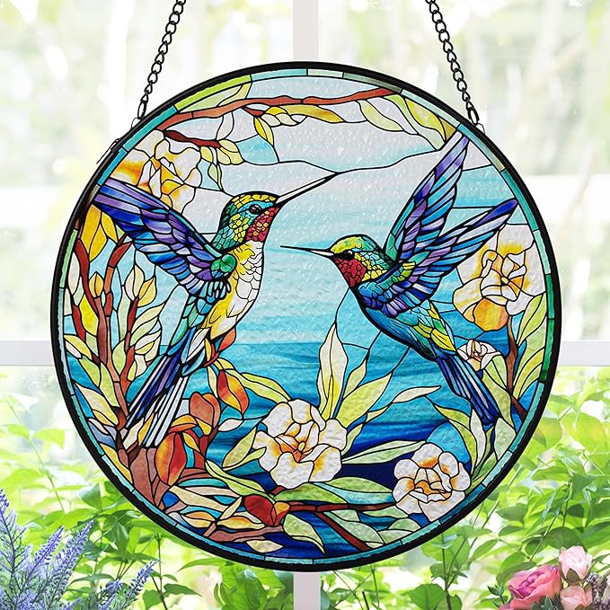 AELS Stained Glass 7.87" Round Suncatcher, Colorful Sun Catcher for Home Garden Window Decor, Window Hanging Ornament Gift for Friends and Family, Blue Feathered Hummingbird