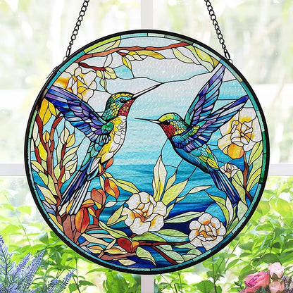 AELS Stained Glass 7.87" Round Suncatcher, Colorful Sun Catcher for Home Garden Window Decor, Window Hanging Ornament Gift for Friends and Family, Blue Feathered Hummingbird