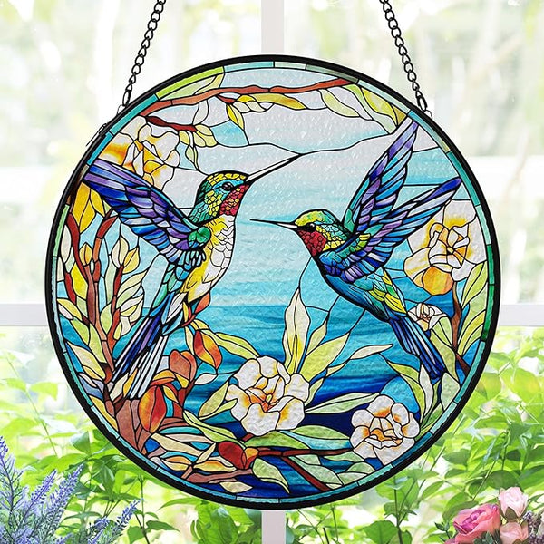AELS Stained Glass 7.87" Round Suncatcher, Colorful Sun Catcher for Home Garden Window Decor, Window Hanging Ornament Gift for Friends and Family, Blue Feathered Hummingbird