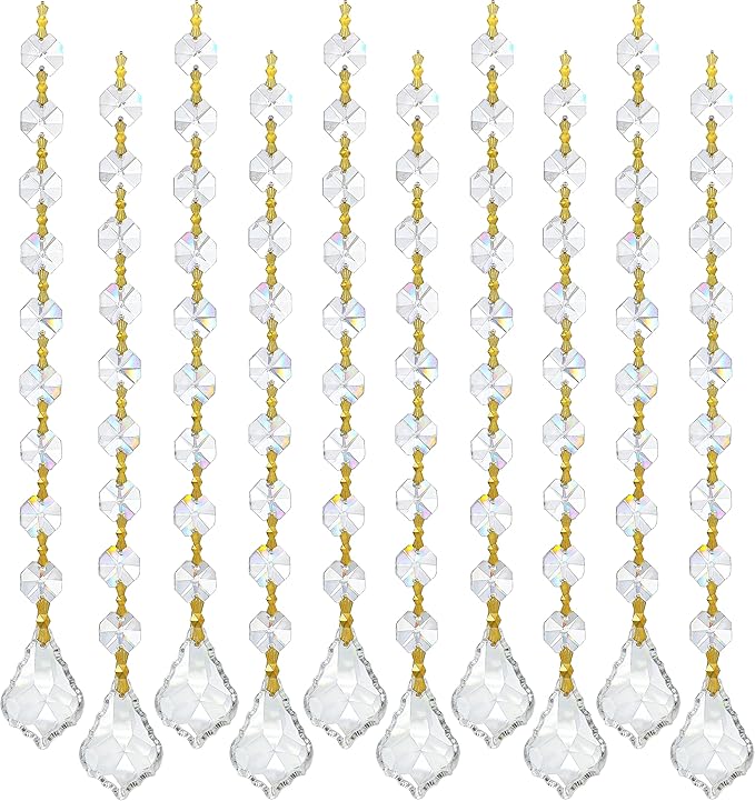 10pcs Crystal Garland Strands Hanging Glass Chandelier Beads Chains Crystal Chandelier Replacements Wedding Decoration for Christmas Party Gold Pinning