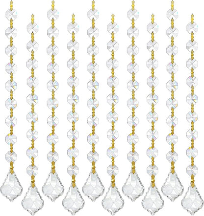 10pcs Crystal Garland Strands Hanging Glass Chandelier Beads Chains Crystal Chandelier Replacements Wedding Decoration for Christmas Party Gold Pinning