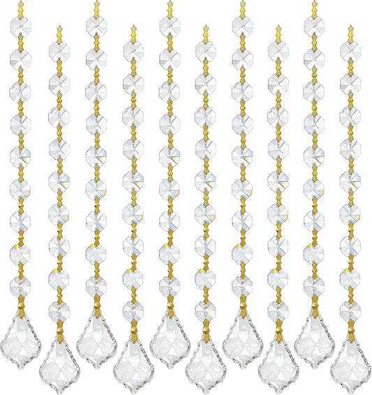 10pcs Crystal Garland Strands Hanging Glass Chandelier Beads Chains Crystal Chandelier Replacements Wedding Decoration for Christmas Party Gold Pinning