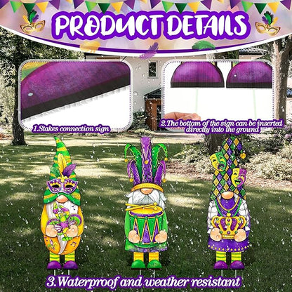 Umigy 3 Pcs Mardi Gras Yard Decor Carnival Day Gnome Outdoor Sign with Stakes Gold Green Purple Gnome Lawn Sign Sweet Yard Decor for Home Pathway Walkway