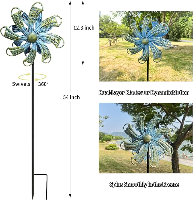 54” Metal Wind Spinner Outdoor Decor, Double Layer 360° Rotating Kinetic Sculpture, Rustproof Weather-Resistant Yard Art for Patio Lawn, Wind Spinners for Yard and Garden (Bronze)