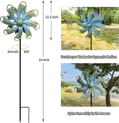 54” Metal Wind Spinner Outdoor Decor, Double Layer 360° Rotating Kinetic Sculpture, Rustproof Weather-Resistant Yard Art for Patio Lawn, Wind Spinners for Yard and Garden (Bronze)