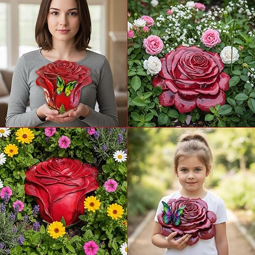 Simulated rose home decor gift - outdoor garden landscape flower stepping stone - rose for mothers, sisters, besties, grandmothers, and maternal grandmothers as a festive gift - 2-piece set, red