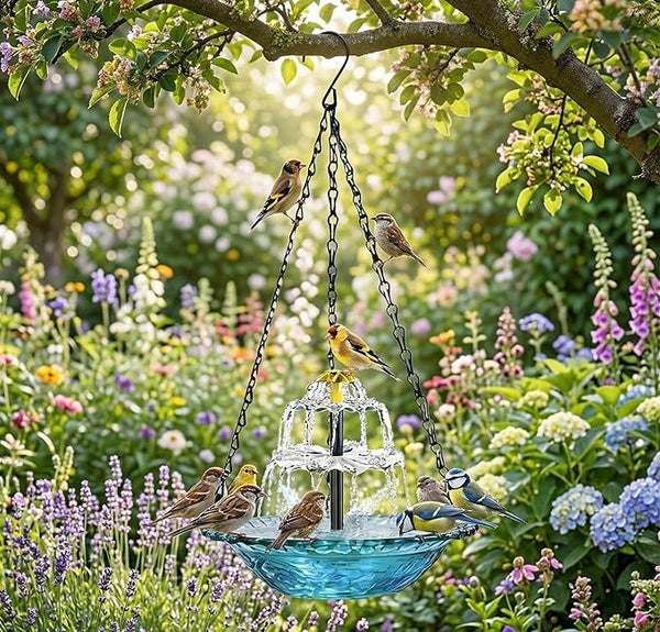 Solar Cascade Hanging Bird Bath Fountain, 2026 New Solar Fountain for Bird Bath Hanging Solar Bird Bath Fountain with Solars Pump & Bowl Decorative Garden Yard Patio (Blue)