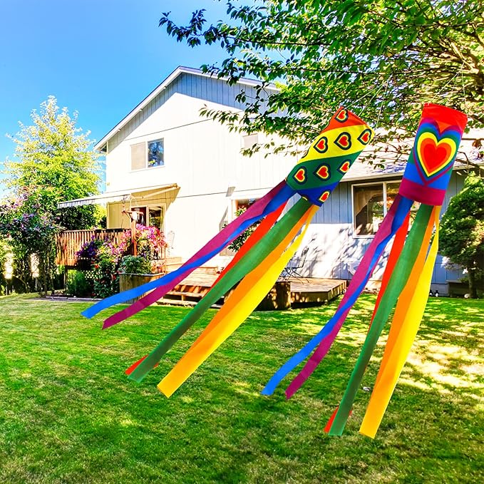 timecity 2PCS Rainbow Windsock Heavy Duty 40 Inches Garden Stripes Heart Wind Socks Banner Flag Outdoor Hanging Decor for Valentine's Day Wall Tree Front Patio Lawn Garden Decor