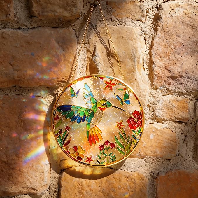 LITIVY Stained Glass Suncatcher Spring Flowers & Hummingbird, 8 Inch Handmade Multi-Color Window Hanging Decor for Garden, Sun Catcher Home Decor for Women