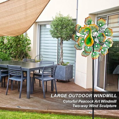 Outdoor Peacock Wind Spinners Featuring Glittering Gem Decor, 13.5" D x 65" H Kinetic Wind Sculptures, 360° Rotatable Metal Garden Wind Spinners for Yard and Outdoor Decor (Green)