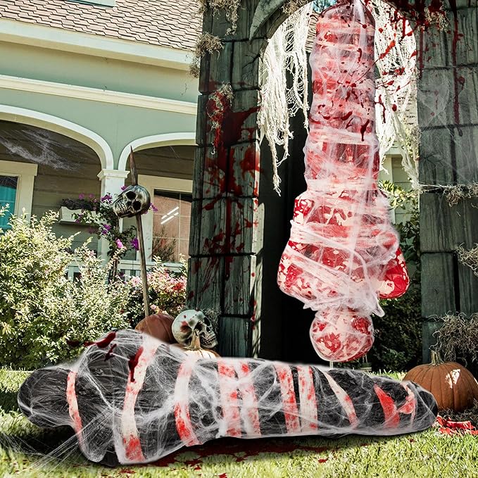 2 Sets Halloween Hanging Cocoon Corpse, 64'' Bloody Inflatable Cocoon Outdoor Decoration Set with Bandage, Scary Dead Body Prop Decor for Outdoor Halloween Party House Yard (Black,Red)
