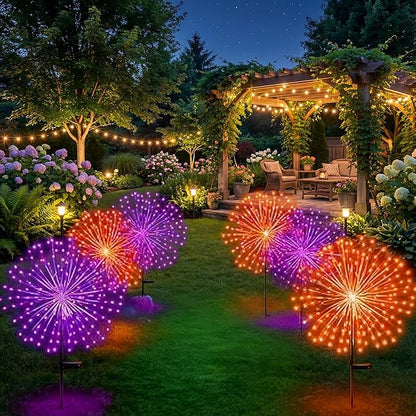 Tujoe 6 Pcs Easter Solar Firework Stake Lights 180 LED 8 Modes Solar Waterproof LED Sparkler Lights Outdoor Decoration for Christmas Holiday Garden Patio Yard Pathway Walkway, Orange, Purple