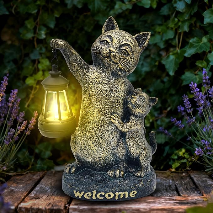 Cat Garden Statue Outdoor Decor - Solar Cat Garden Statue,Cats Figurine Ornaments,Waterproof Outdoor Sculptures for Yard Lawn Backyard Patio Balcony Home Decorations,Unique Cats Gifts for Women