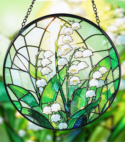 Stained Glass Window Hanging, Lily of the Valley Suncatcher 7.8 in Sun Catcher Boho Wall Art Decor with Chain Diamond Glass Panel Hangings Scenery Sun Catchers Decor for Lover Couple Mom