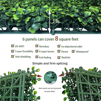 ODTORY Artificial Grass Wall Panels:16" X 12" 6P (8 sqft) UV-Anti Greenery Boxwood Backdrop for Indoor Outdoor Green Wall Decor & Ivy Fence Covering Privacy