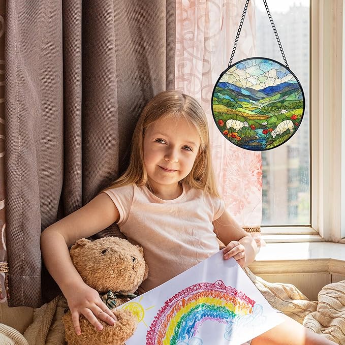 Green Irish Hills Sheep Suncatcher Stained Glass Window Hanging, Mountain Landscape Sun Catchers Indoor Window Glass Wall Art Decor, Irish Wall Hanging Decor Decorations, 7.9x7.9 Inch