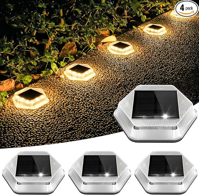 Solar Deck Lights Dock Step Lights- 4 Packs Waterproof 1200mAh Auto ON/Off LED Solor Powered Stair Lighting for Outdoor Garden, Patio, Pathway, Walkway, Driveway (Warm White)