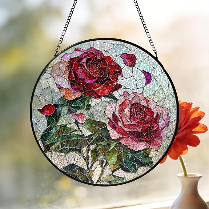 Pink Red Roses Stained Glass Window Hanging Suncatchers Valentine Roses Glass Panel Hangings Vintage Floral Window Decor Flowers Lovers Gift for Women Mom Spring Garden Nature Ornament 7.9inch